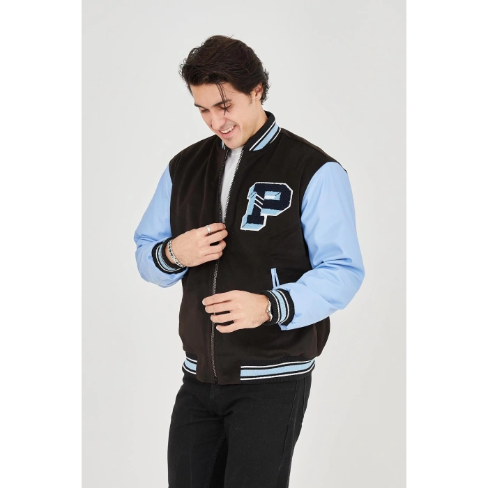 ERKEK İÇTEN ELYAF VE ASTARLI KOLLARI SUNİ DERİ CEKET - MAVİ