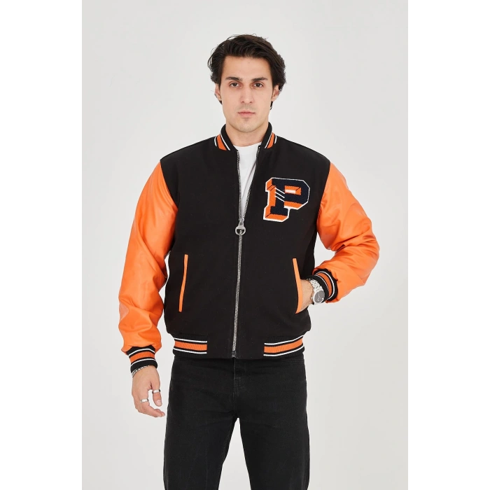 ERKEK İÇTEN ELYAF VE ASTARLI KOLLARI SUNİ DERİ CEKET - TURUNCU