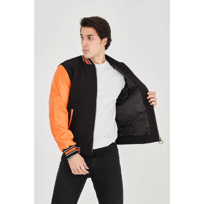 ERKEK İÇTEN ELYAF VE ASTARLI KOLLARI SUNİ DERİ CEKET - TURUNCU