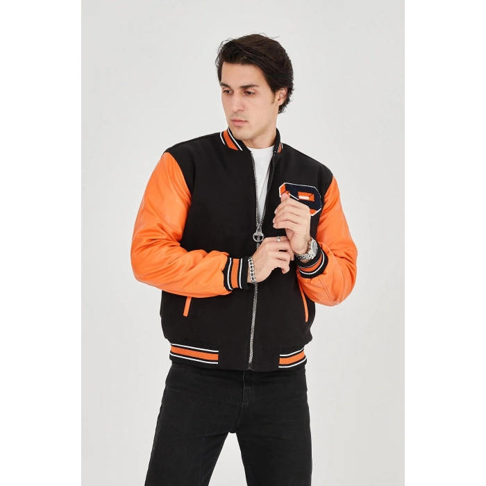 ERKEK İÇTEN ELYAF VE ASTARLI KOLLARI SUNİ DERİ CEKET - TURUNCU