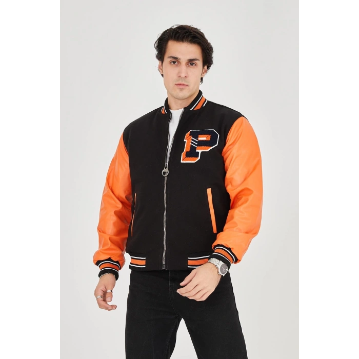 ERKEK İÇTEN ELYAF VE ASTARLI KOLLARI SUNİ DERİ CEKET - TURUNCU