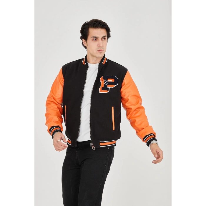 ERKEK İÇTEN ELYAF VE ASTARLI KOLLARI SUNİ DERİ CEKET - TURUNCU