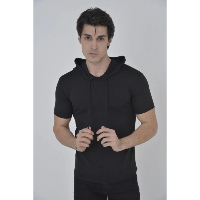 ERKEK KAPŞONLU SLİM FİT T-SHİRT - SİYAH