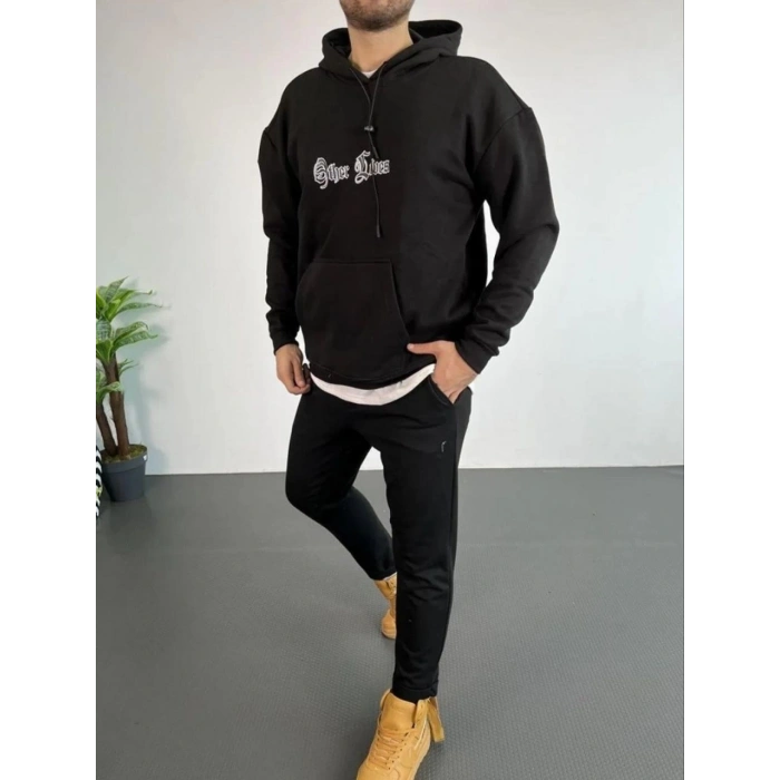ERKEK KAPŞONLU SWEATSHİRT – OVERSİZE ÜÇ İPLİK ŞARDONLU HOODİE, “OTHER LİVES” ÖN & ARKA BASKILI, KANGURU CEPLİ, KIŞLIK RAHAT GÜNLÜK STİL - SİYAH
