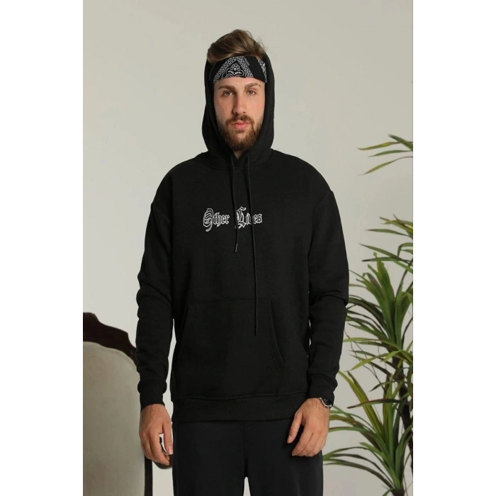 Erkek Kapşonlu Sweatshirt – Oversize Üç İplik Şardonlu Hoodie, “Other Lives” Ön & Arka Baskılı, Kanguru Cepli, Kışlık Rahat Günlük Stil - Siyah