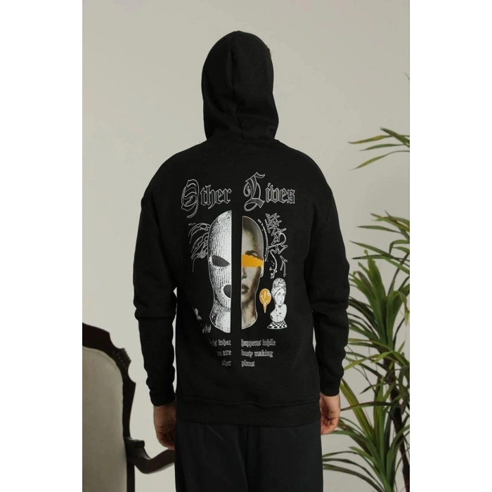 Erkek Kapşonlu Sweatshirt – Oversize Üç İplik Şardonlu Hoodie, “Other Lives” Ön & Arka Baskılı, Kanguru Cepli, Kışlık Rahat Günlük Stil - Siyah