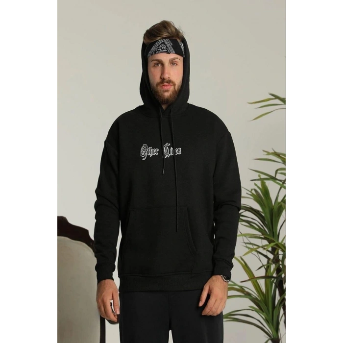 ERKEK KAPŞONLU SWEATSHİRT – OVERSİZE ÜÇ İPLİK ŞARDONLU HOODİE, “OTHER LİVES” ÖN & ARKA BASKILI, KANGURU CEPLİ, KIŞLIK RAHAT GÜNLÜK STİL - SİYAH