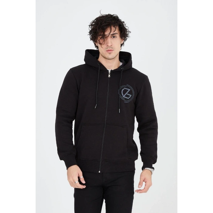 Erkek Kapüşonlu Z Baskılı Fermuarlı Hırka - Siyah