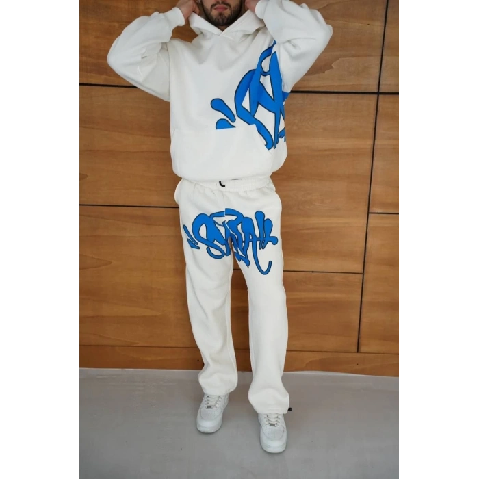 Erkek Kapüşonlu Eşofman Takım Graffiti Baskılı  Oversize Rahat Kalıp, Kanguru Cepli, Streetwear Tarzında Premium Ürün 3 iplik Pamuklu - Beyaz