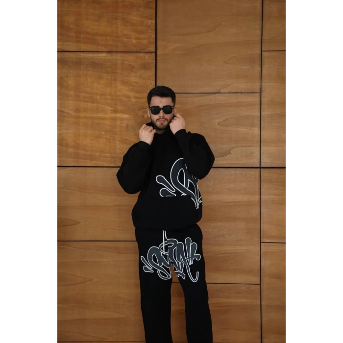 Erkek Kapüşonlu Eşofman Takım Graffiti Baskılı Oversize Rahat Kalıp, Kanguru Cepli, Streetwear Tarzında Premium Ürün 3 iplik Pamuklu - Siyah