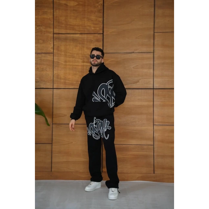 Erkek Kapüşonlu Eşofman Takım Graffiti Baskılı Oversize Rahat Kalıp, Kanguru Cepli, Streetwear Tarzında Premium Ürün 3 iplik Pamuklu - Siyah
