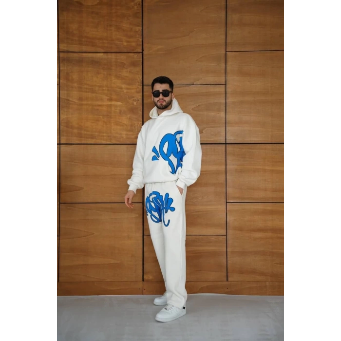Erkek Kapüşonlu Eşofman Takım Graffiti Baskılı  Oversize Rahat Kalıp, Kanguru Cepli, Streetwear Tarzında Premium Ürün 3 iplik Pamuklu - Beyaz
