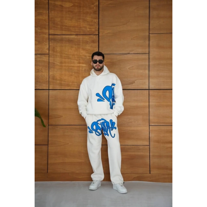Erkek Kapüşonlu Eşofman Takım Graffiti Baskılı  Oversize Rahat Kalıp, Kanguru Cepli, Streetwear Tarzında Premium Ürün 3 iplik Pamuklu - Beyaz