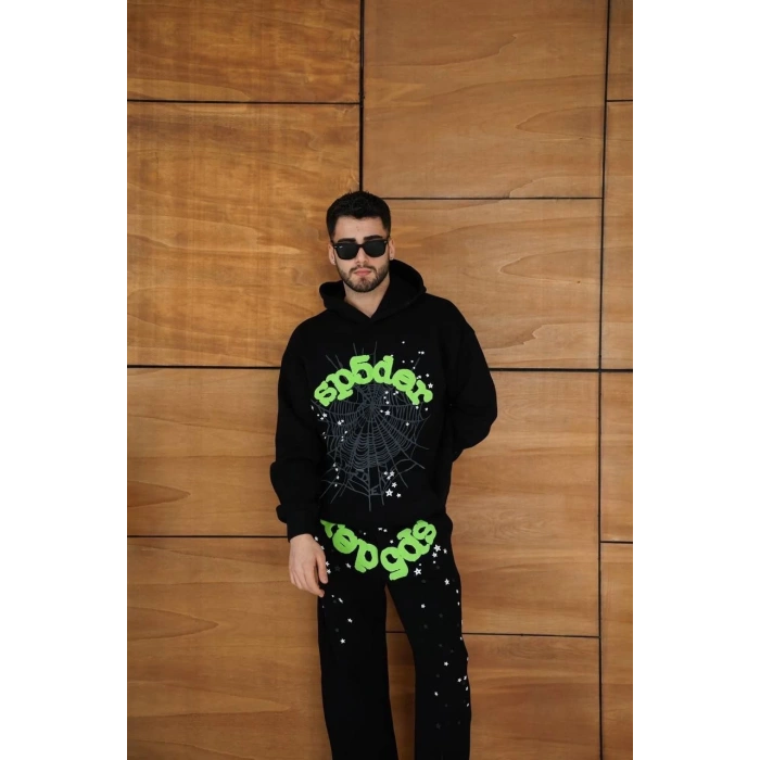 Erkek Kapüşonlu Eşofman Takım Örümcek Ağı ve Neon Yeşil Baskılı Kanguru cepli Oversize Rahat Kalıp, Premium Üç İplik Kumaş - Siyah