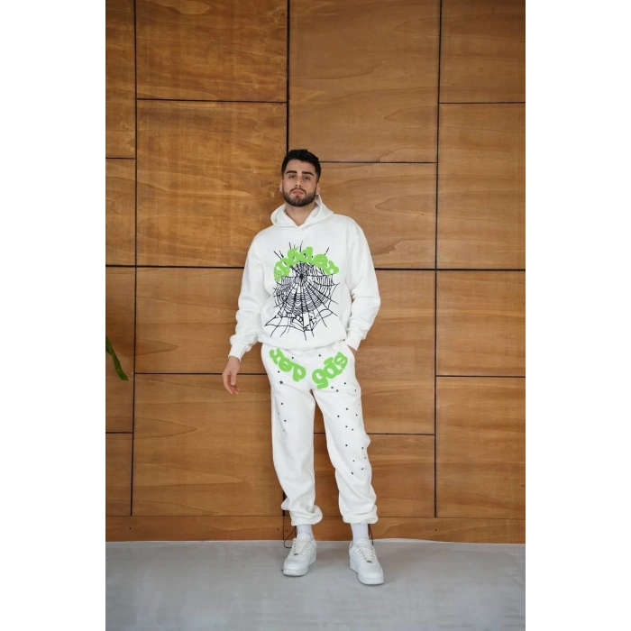 Erkek Kapüşonlu Eşofman Takım Örümcek Ağı ve Neon Yeşil Baskılı Kanguru cepli Oversize Rahat Kalıp, Premium Üç İplik Kumaş - Beyaz