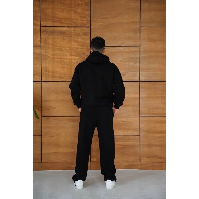 Erkek Kapüşonlu Eşofman Takım Örümcek Ağı ve Neon Yeşil Baskılı Kanguru cepli Oversize Rahat Kalıp, Premium Üç İplik Kumaş - Siyah