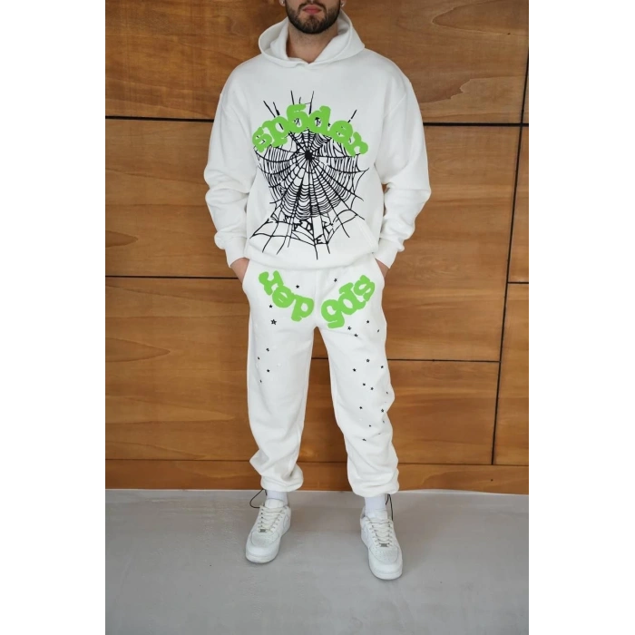 Erkek Kapüşonlu Eşofman Takım Örümcek Ağı ve Neon Yeşil Baskılı Kanguru cepli Oversize Rahat Kalıp, Premium Üç İplik Kumaş - Beyaz