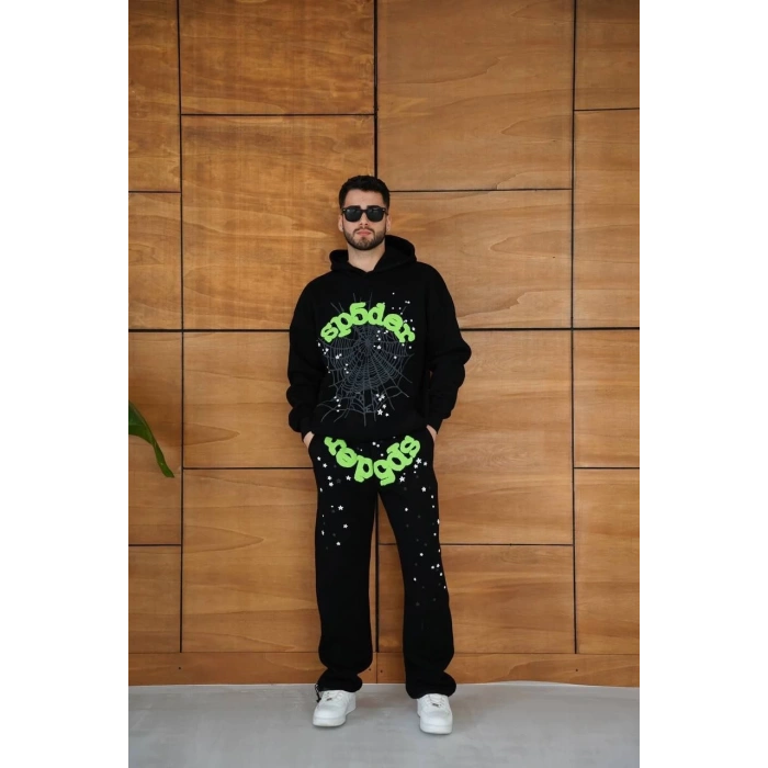 Erkek Kapüşonlu Eşofman Takım Örümcek Ağı ve Neon Yeşil Baskılı Kanguru cepli Oversize Rahat Kalıp, Premium Üç İplik Kumaş - Siyah
