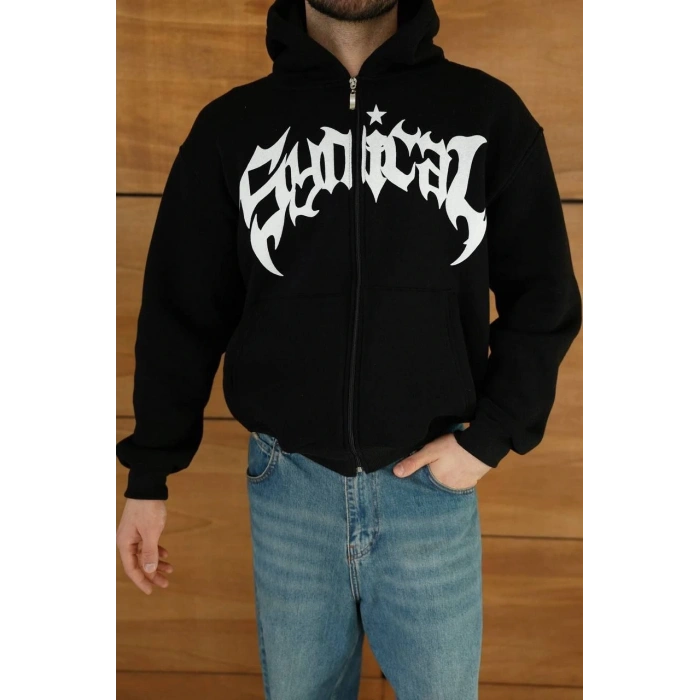 Erkek Kapüşonlu 3 İplik Şardonlu Önü Baskılı Fermuarlı Oversize Sweatshirt - Siyah