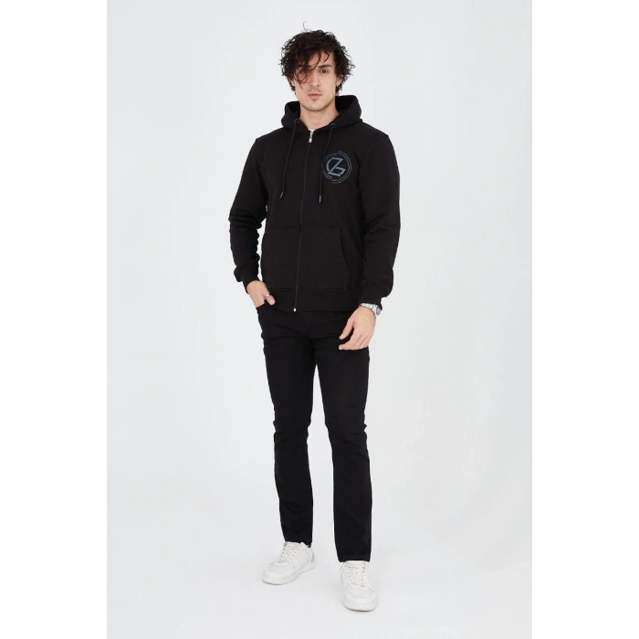 ERKEK KAPÜŞONLU Z BASKILI FERMUARLI HIRKA - SİYAH