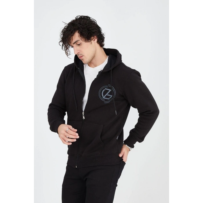 ERKEK KAPÜŞONLU Z BASKILI FERMUARLI HIRKA - SİYAH