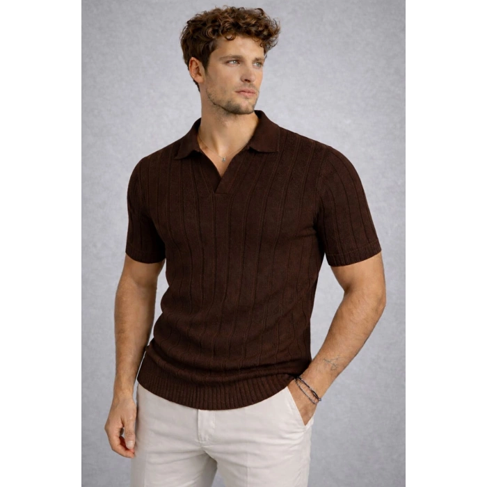 Erkek Kısa Kollu Polyemid Pamuk A Kalite Yazlık Tişört / Kahverengi