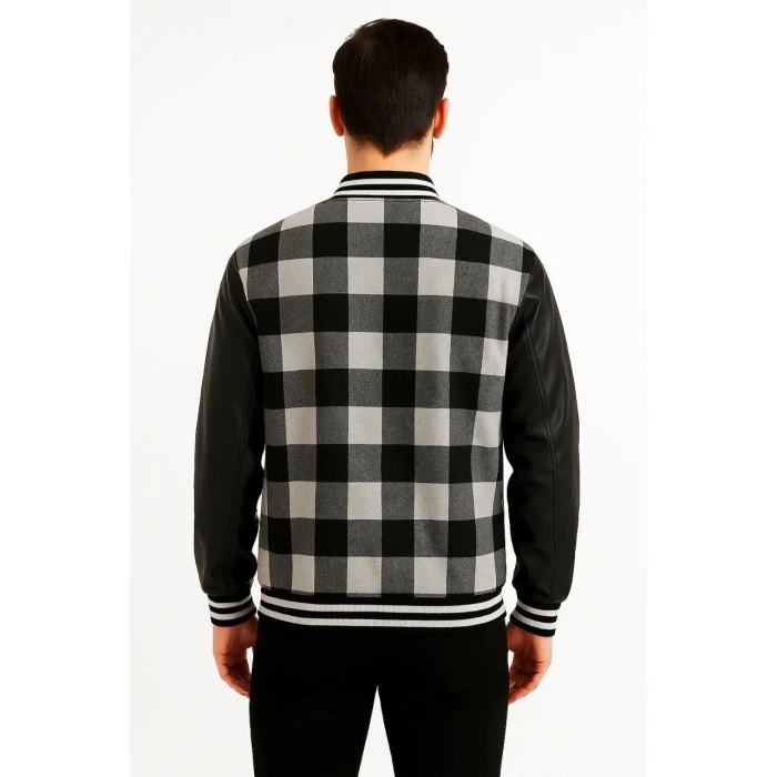 ERKEK KOLEJ CEKET – KARELİ ODUNCU KUMAŞ, KOLLARI SUNİ DERİ, FERMUARLI, İÇİ KAPİTONE ASTARLI, NAKIŞLI OVERSİZE BAHAR & KIŞ STİL - GRİ