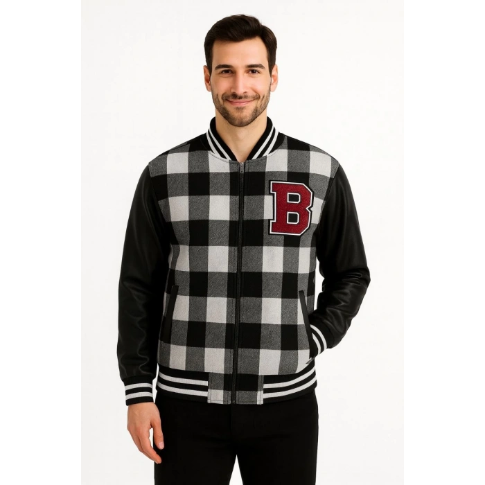 ERKEK KOLEJ CEKET – KARELİ ODUNCU KUMAŞ, KOLLARI SUNİ DERİ, FERMUARLI, İÇİ KAPİTONE ASTARLI, NAKIŞLI OVERSİZE BAHAR & KIŞ STİL - GRİ