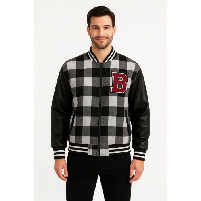 ERKEK KOLEJ CEKET – KARELİ ODUNCU KUMAŞ, KOLLARI SUNİ DERİ, FERMUARLI, İÇİ KAPİTONE ASTARLI, NAKIŞLI OVERSİZE BAHAR & KIŞ STİL - GRİ