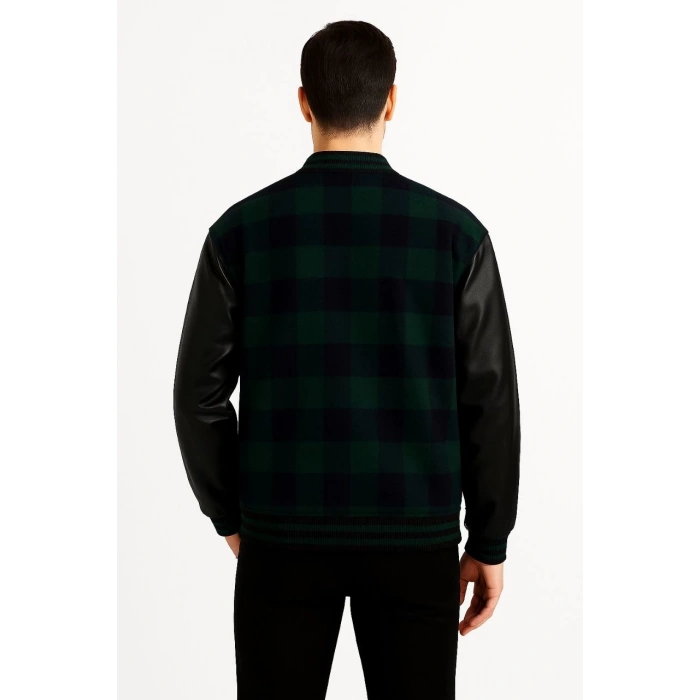 ERKEK KOLEJ CEKET – KARELİ ODUNCU KUMAŞ, KOLLARI SUNİ DERİ, FERMUARLI, İÇİ KAPİTONE ASTARLI, NAKIŞLI OVERSİZE BAHAR & KIŞ STİL - HAKİ