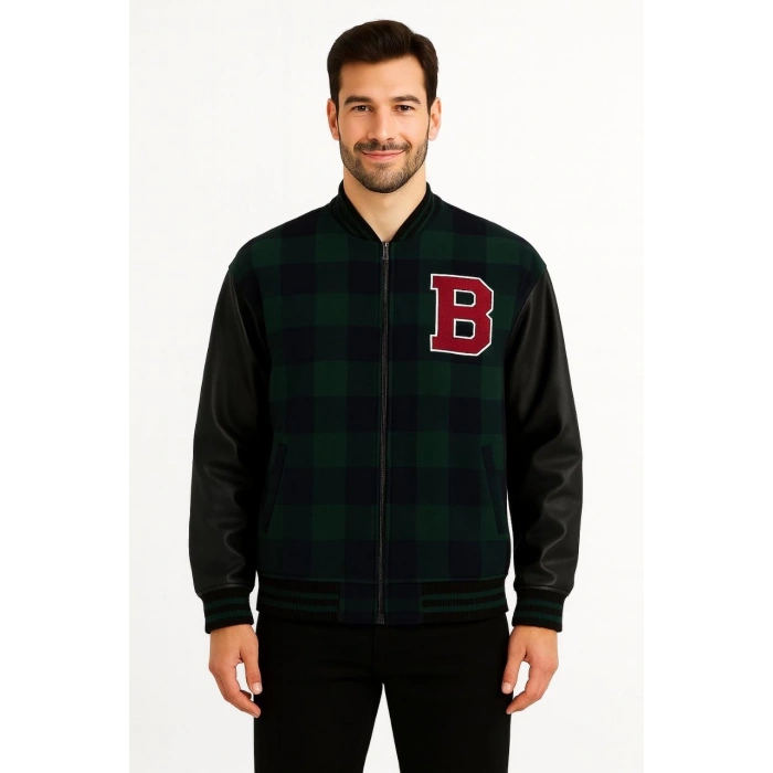 ERKEK KOLEJ CEKET – KARELİ ODUNCU KUMAŞ, KOLLARI SUNİ DERİ, FERMUARLI, İÇİ KAPİTONE ASTARLI, NAKIŞLI OVERSİZE BAHAR & KIŞ STİL - HAKİ