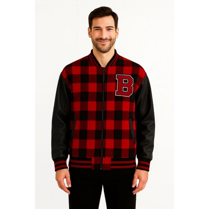 ERKEK KOLEJ CEKET – KARELİ ODUNCU KUMAŞ, KOLLARI SUNİ DERİ, FERMUARLI, İÇİ KAPİTONE ASTARLI, NAKIŞLI OVERSİZE BAHAR & KIŞ STİL - BORDO