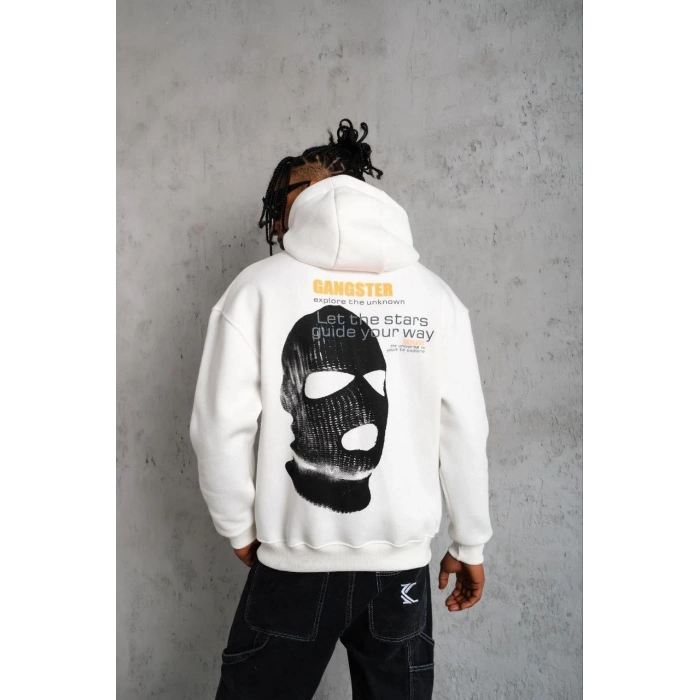 ERKEK KORDONLU MASKE BASKILI KAPÜŞONLU SWEAT - BEYAZ