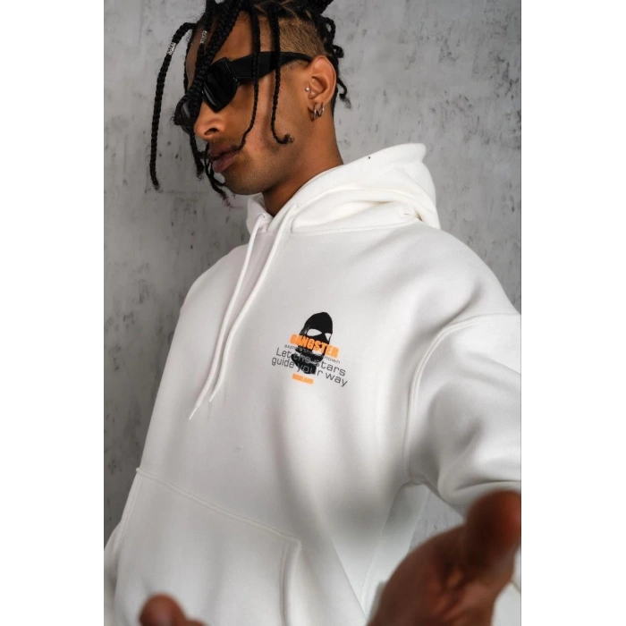 ERKEK KORDONLU MASKE BASKILI KAPÜŞONLU SWEAT - BEYAZ