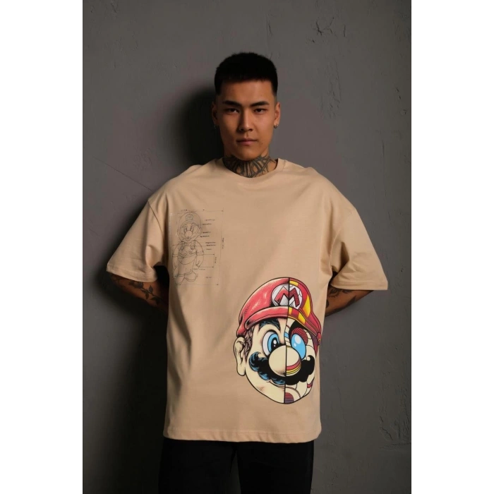 Erkek Mario Baskılı Oversize T-Shirt - Bej