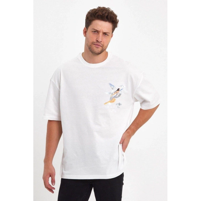 ERKEK MELEK BASKILI OVERSİZE T-SHİRT - BEYAZ