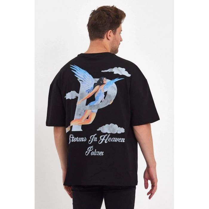 ERKEK MELEK BASKILI OVERSİZE T-SHİRT - SİYAH