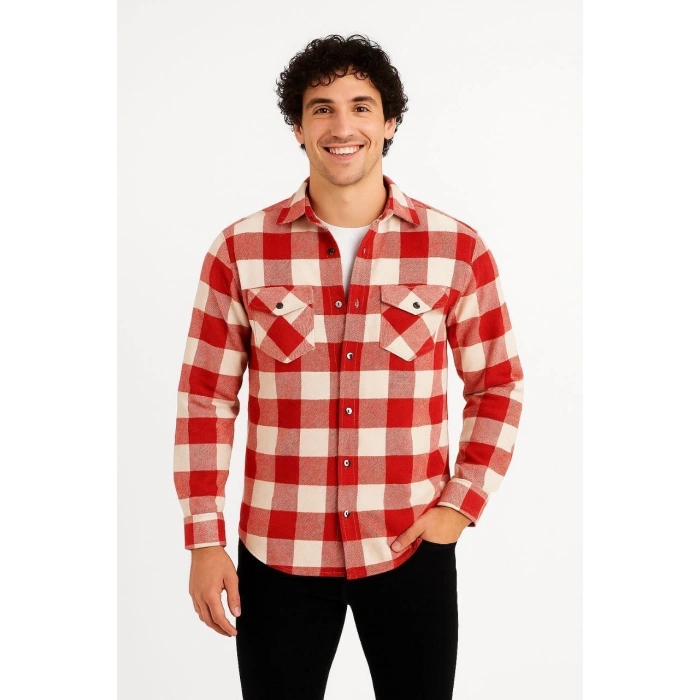 ERKEK ODUNCU GÖMLEK – UZUN KOLLU, ŞARDONLU KUMAŞ, KARELİ DESEN, REGULAR FİT, MANŞETLİ, ÇİFT CEPLİ, RAHAT GÜNLÜK BAHAR & KIŞ STİL - KIRMIZI