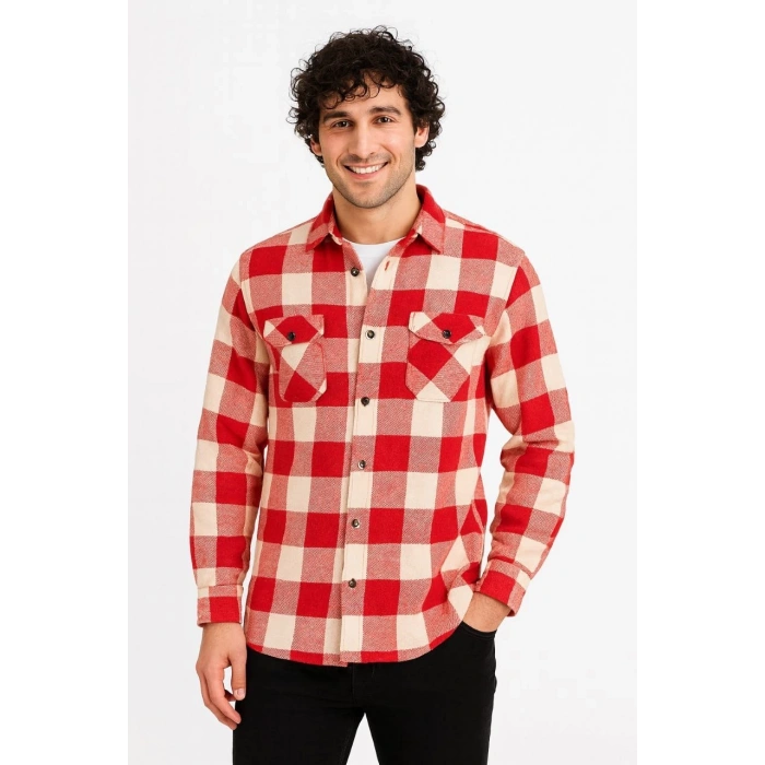 ERKEK ODUNCU GÖMLEK – UZUN KOLLU, ŞARDONLU KUMAŞ, KARELİ DESEN, REGULAR FİT, MANŞETLİ, ÇİFT CEPLİ, RAHAT GÜNLÜK BAHAR & KIŞ STİL - KIRMIZI