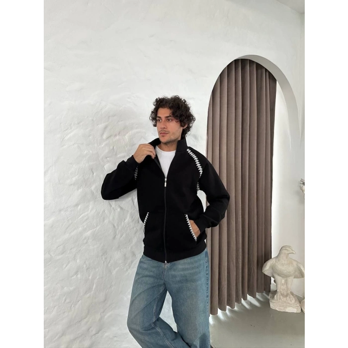 Erkek Oversize Dik Yaka Fermuarlı Sweatshirt - Zincir Nakışli Kanguru Cepli - Siyah