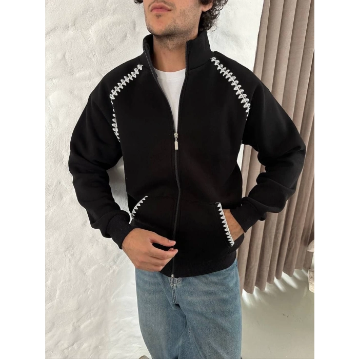Erkek Oversize Dik Yaka Fermuarlı Sweatshirt - Zincir Nakışli Kanguru Cepli - Siyah