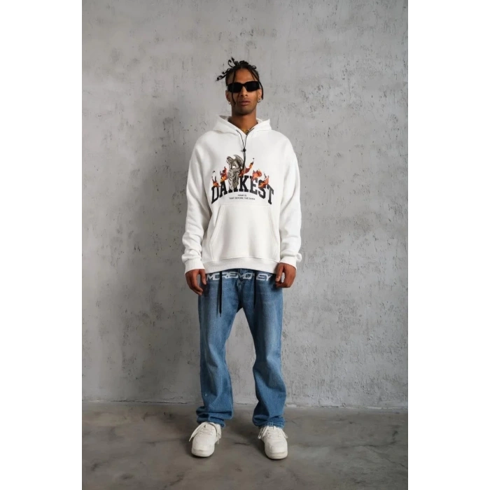 Erkek Oversize Kapüşonlu Sweatshirt – Beyaz Renk Üç İplik İçi Pamuklu Kanguru Cepli Baskılı Hoodie Rahat Kalıp Kışlık Günlük Kombinlere Uygun - Beyaz