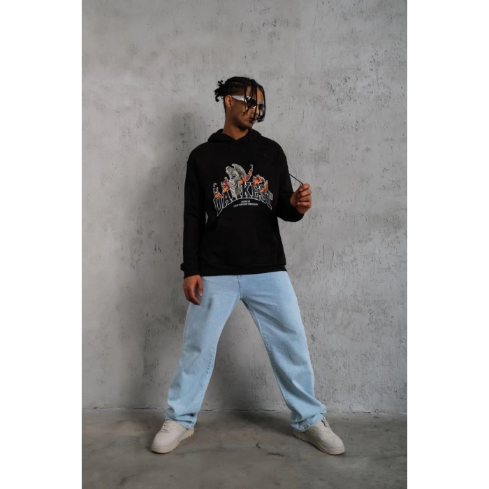 Erkek Oversize Kapüşonlu Sweatshirt – Siyah Renk Üç İplik İçi Pamuklu Kanguru Cepli Baskılı Hoodie Rahat Kalıp Kışlık Günlük Kombinlere Uygun - Siyah