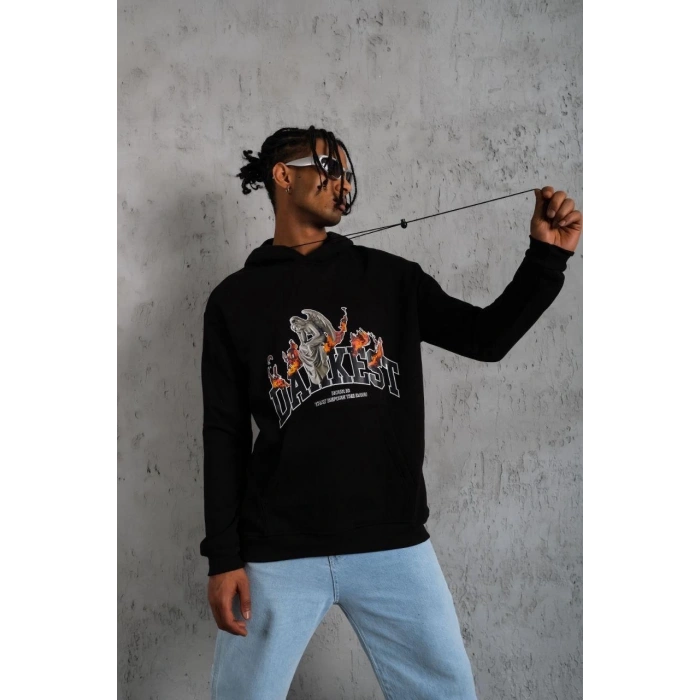 Erkek Oversize Kapüşonlu Sweatshirt – Siyah Renk Üç İplik İçi Pamuklu Kanguru Cepli Baskılı Hoodie Rahat Kalıp Kışlık Günlük Kombinlere Uygun - Siyah