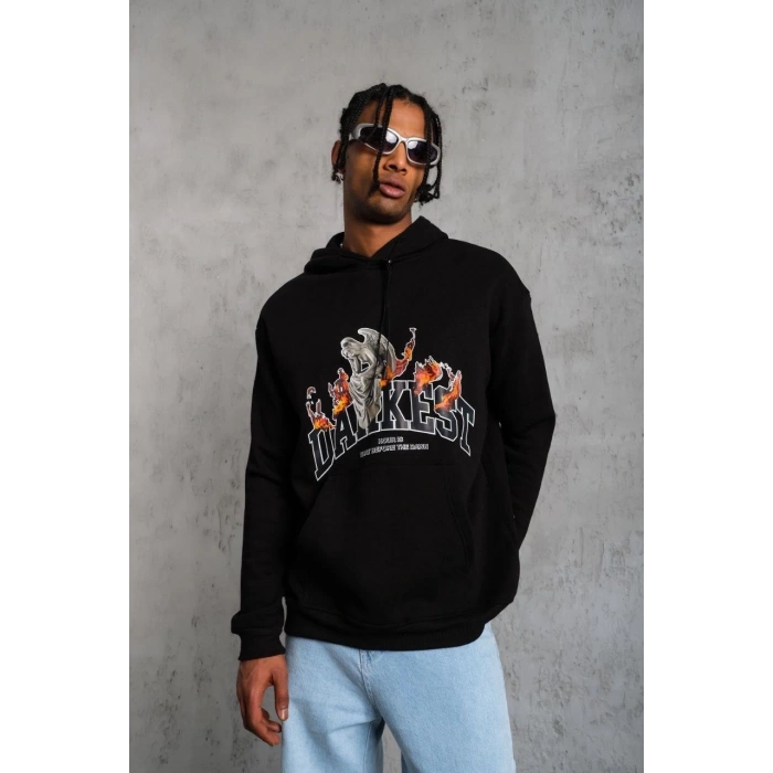 Erkek Oversize Kapüşonlu Sweatshirt – Siyah Renk Üç İplik İçi Pamuklu Kanguru Cepli Baskılı Hoodie Rahat Kalıp Kışlık Günlük Kombinlere Uygun - Siyah