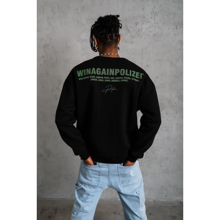 Erkek Oversize Sweatshirt – Siyah Renk | Ön ve Sırt Baskılı, Üç İplik İçi Pamuklu Kumaş, Rahat Kalıp, Ribanalı Kışlık Sweat | Winagain Polizei Serisi - Siyah