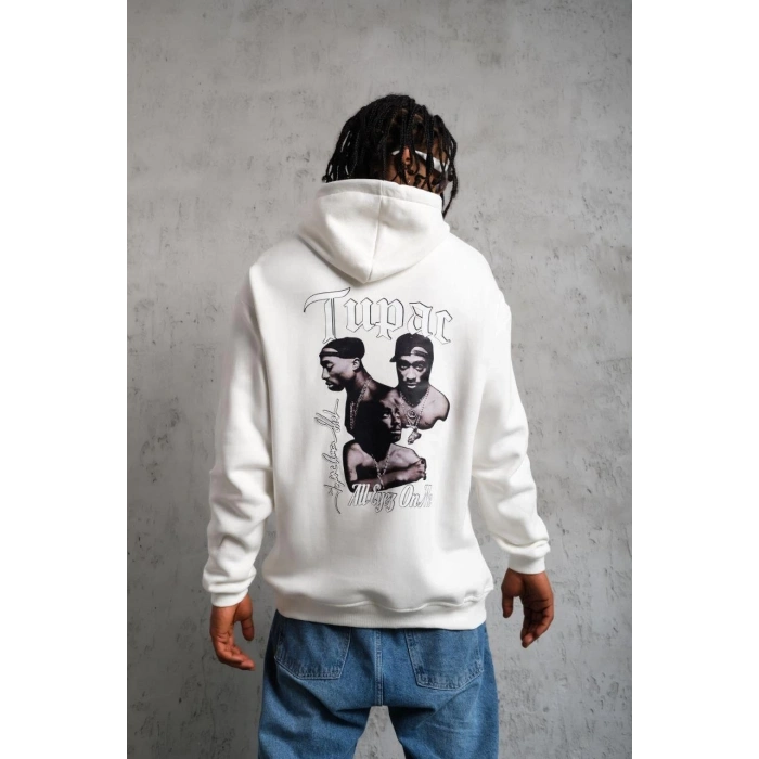 Erkek Oversize Üç İplik Kapüşonlu Sweat – Kol ve Etek Ribana Detaylı, Ön ve Sırt Baskılı, Kanguru Cepli Rahat Kalıp Model - Beyaz