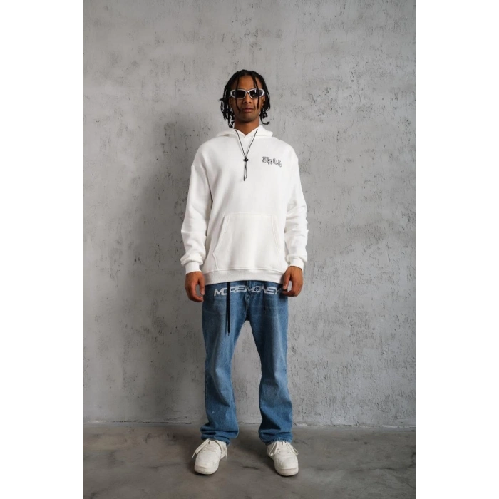 Erkek Oversize Üç İplik Kapüşonlu Sweat – Kol ve Etek Ribana Detaylı, Ön ve Sırt Baskılı, Kanguru Cepli Rahat Kalıp Model - Beyaz