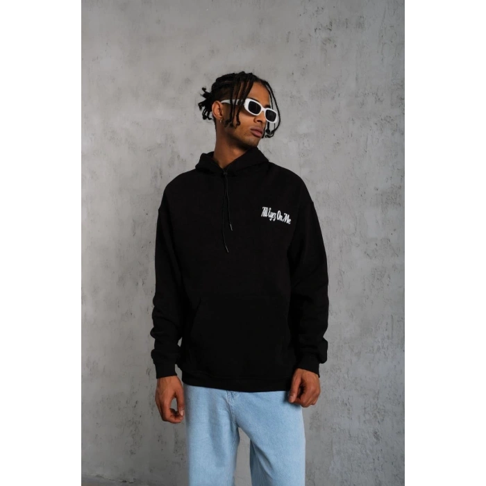 ERKEK OVERSİZE ÜÇ İPLİK KAPÜŞONLU SWEAT – SİYAH KOL VE ETEK RİBANA DETAYLI, ÖN VE SIRT BASKILI, KANGURU CEPLİ RAHAT KALIP MODEL