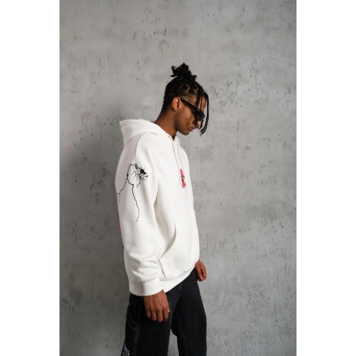 Erkek Oversize Üç İplik Kapüşonlu Sweatshirt – “Don’t Be Terrified” Ön, Sırt ve Kol Baskılı, Kanguru Cepli, Ribanalı Rahat Model - Beyaz